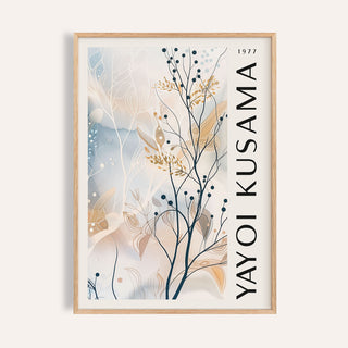Framed print of large neutral wall art showing delicate branches with berries in beige and blue hues