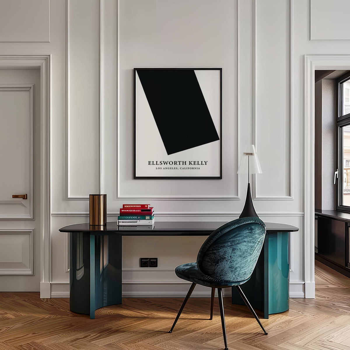 Black and White Office Wall Art above a sleek desk with a velvet chair and decorative objects