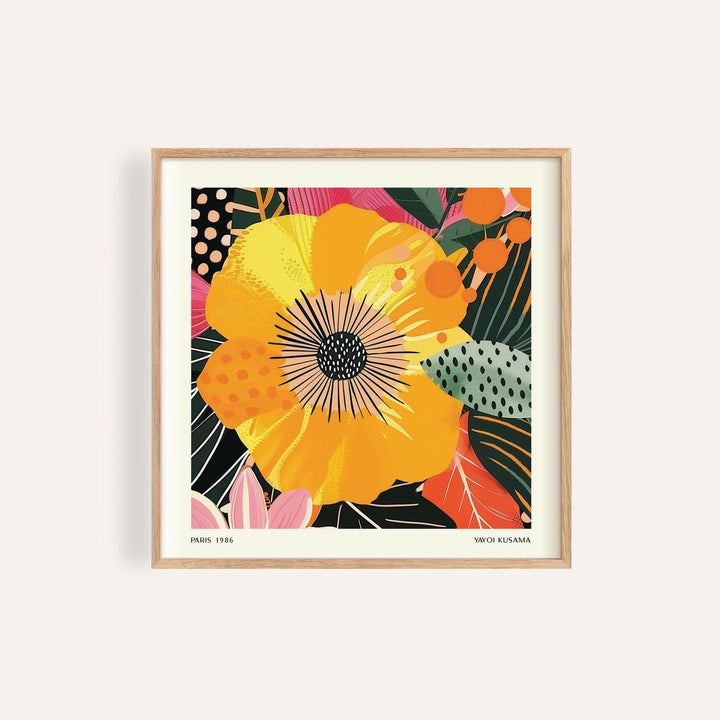 Framed yellow flower art illustration with orange and green botanical details