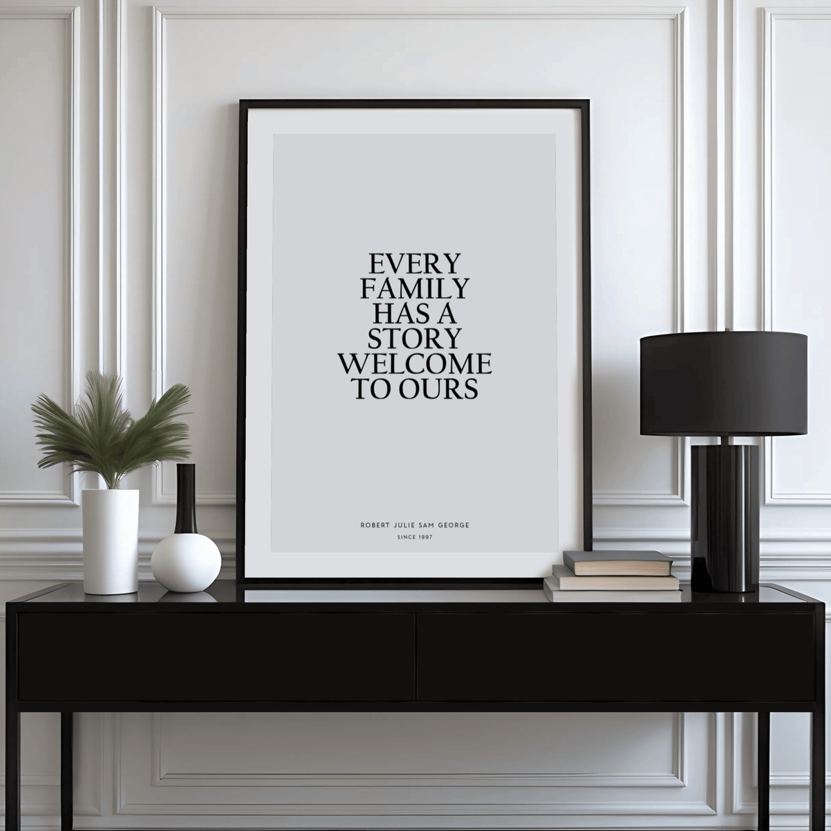 Personalized Family Poster print on a wall in a room with paneled walls and a black lamp on a console