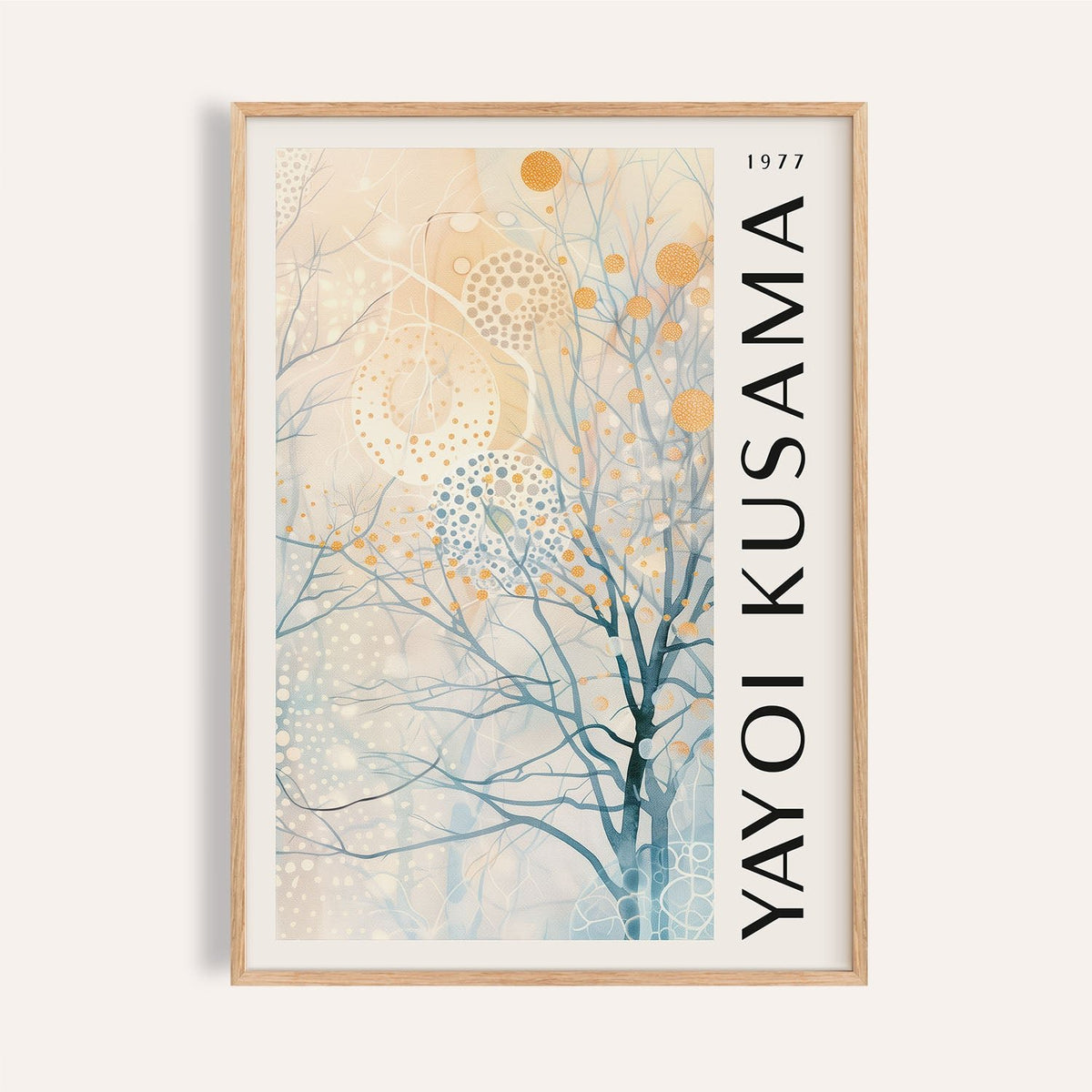 Framed Sitting Room Art showing an abstract tree with dots in blue and orange hues