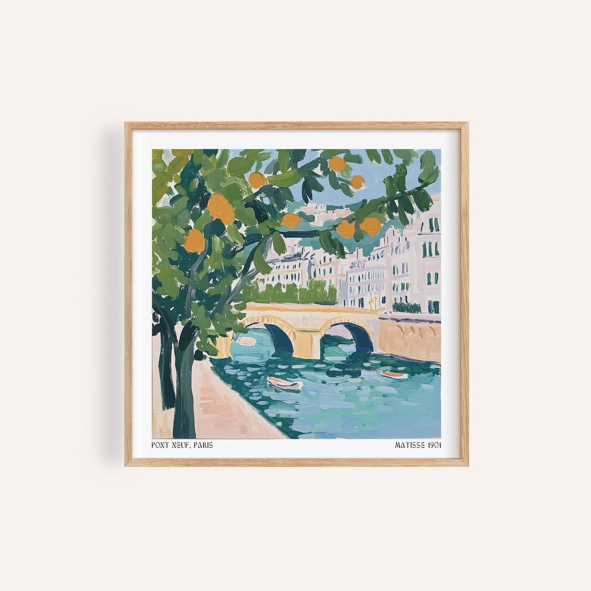 Framed close-up of Paris bridge wall art with green tree and orange fruit in watercolour style