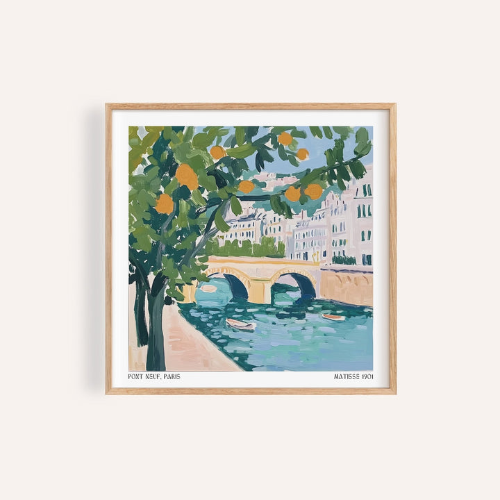 Framed close-up of Paris bridge wall art with green tree and orange fruit in watercolour style