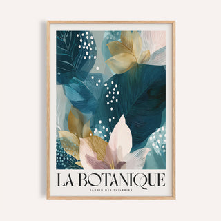Framed botanical artwork print featuring blue leaves and flowers with text La Botanique