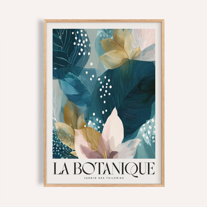 Framed botanical artwork print featuring blue leaves and flowers with text La Botanique