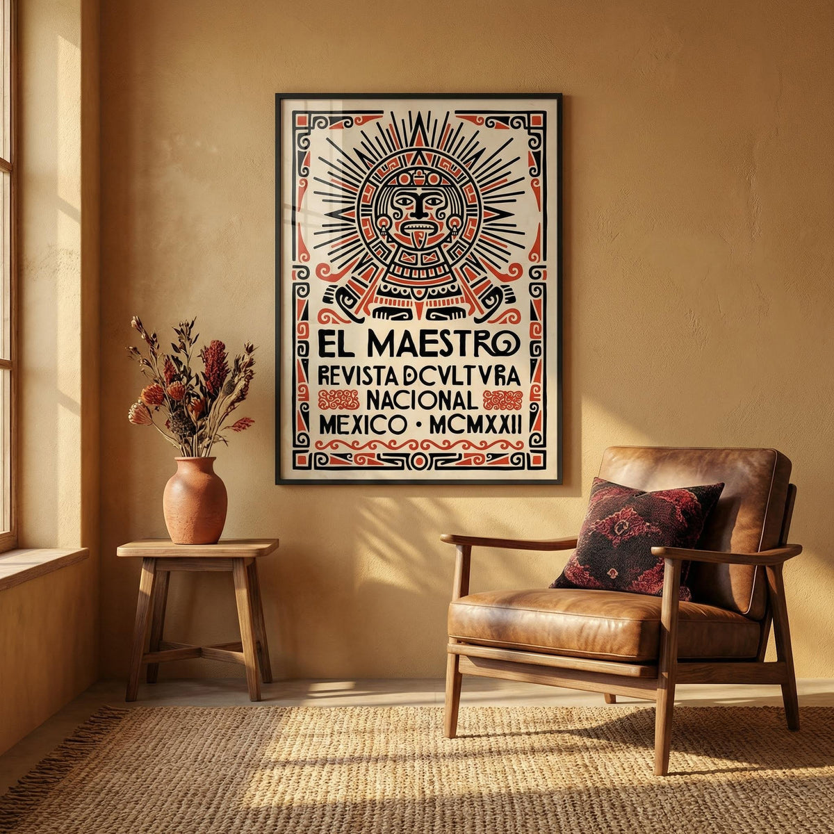 Mexican Culture Poster print of an Aztec sun stone symbol in black and red above a wooden table with a terracotta vase