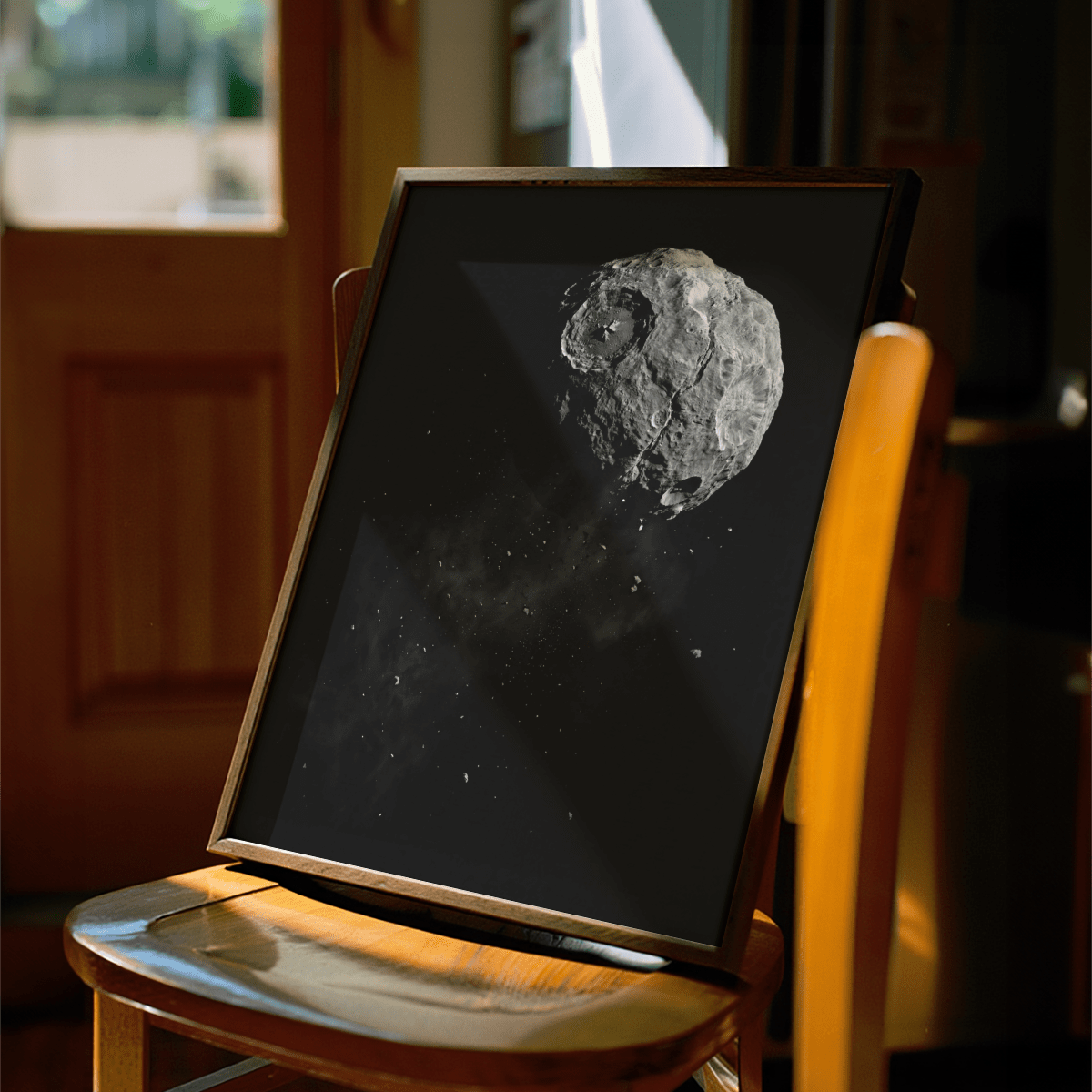 Mars Art framed print close-up of a cratered asteroid with dark space background on a wooden chair