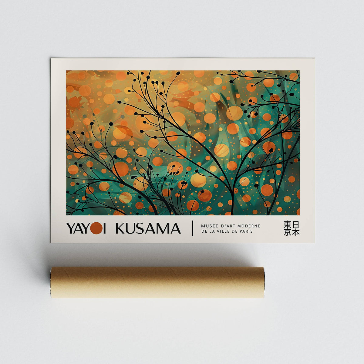 Flat print of autumn wall art with abstract orange and teal branches and a packaging tube