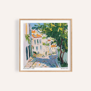 Framed French Artwork Prints of a Paris street with a tree in green and blue hues