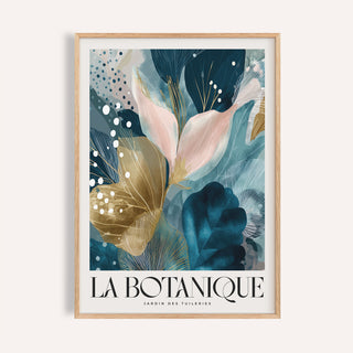 Framed print close-up of abstract floral design with blue and gold tones and pink petals