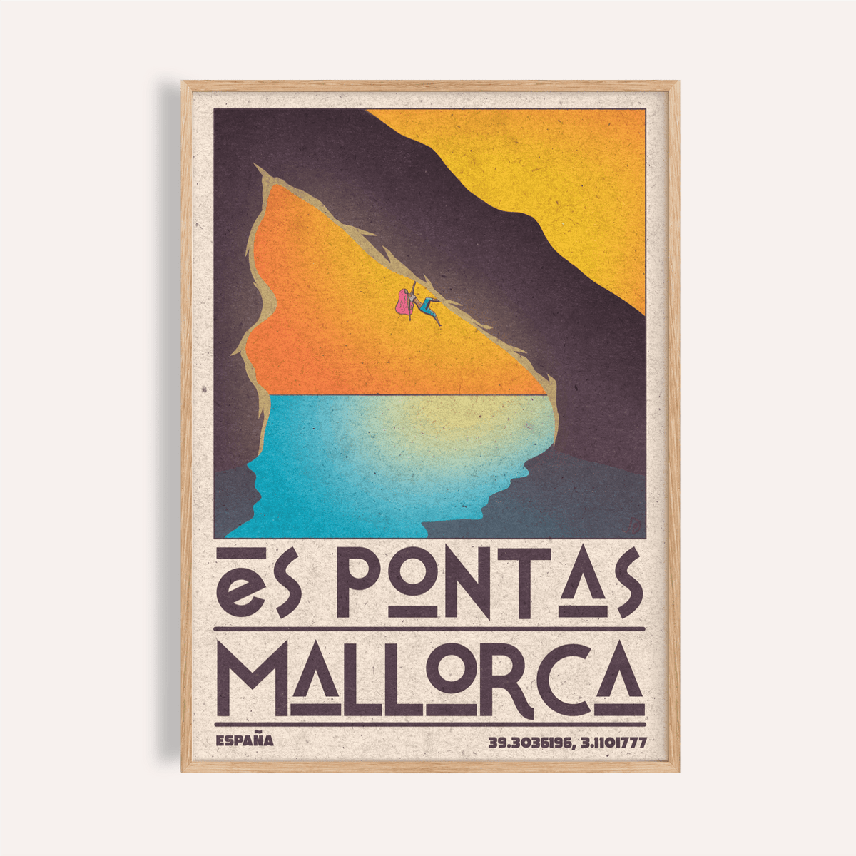 Mallorca Climbing Poster framed print close-up showing a climber on a cliff with orange and blue tones