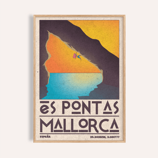 Mallorca Climbing Poster framed print close-up showing a climber on a cliff with orange and blue tones