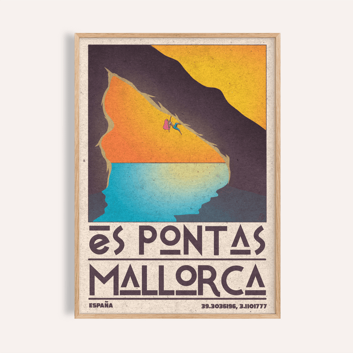 Mallorca Climbing Poster framed print close-up showing a climber on a cliff with orange and blue tones