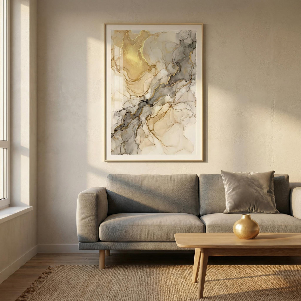 Fluid Art Gold Poster with abstract gold and grey veins above a grey sofa in a living room