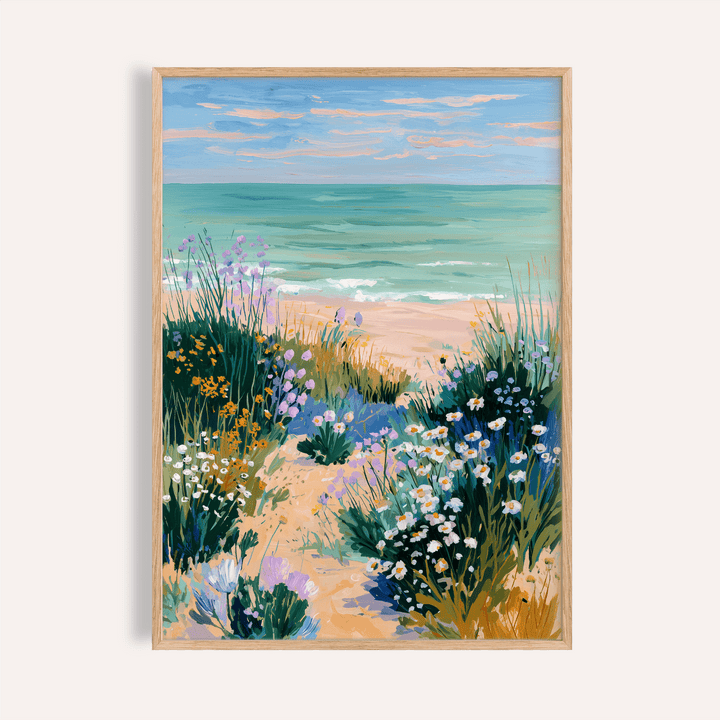 Framed print of coastal flower print with a watercolour path of flowers beside the sea