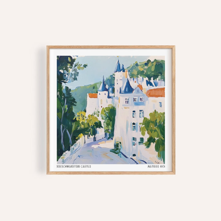 Framed print close-up of a watercolour medieval castle art with blue roofs and green foliage
