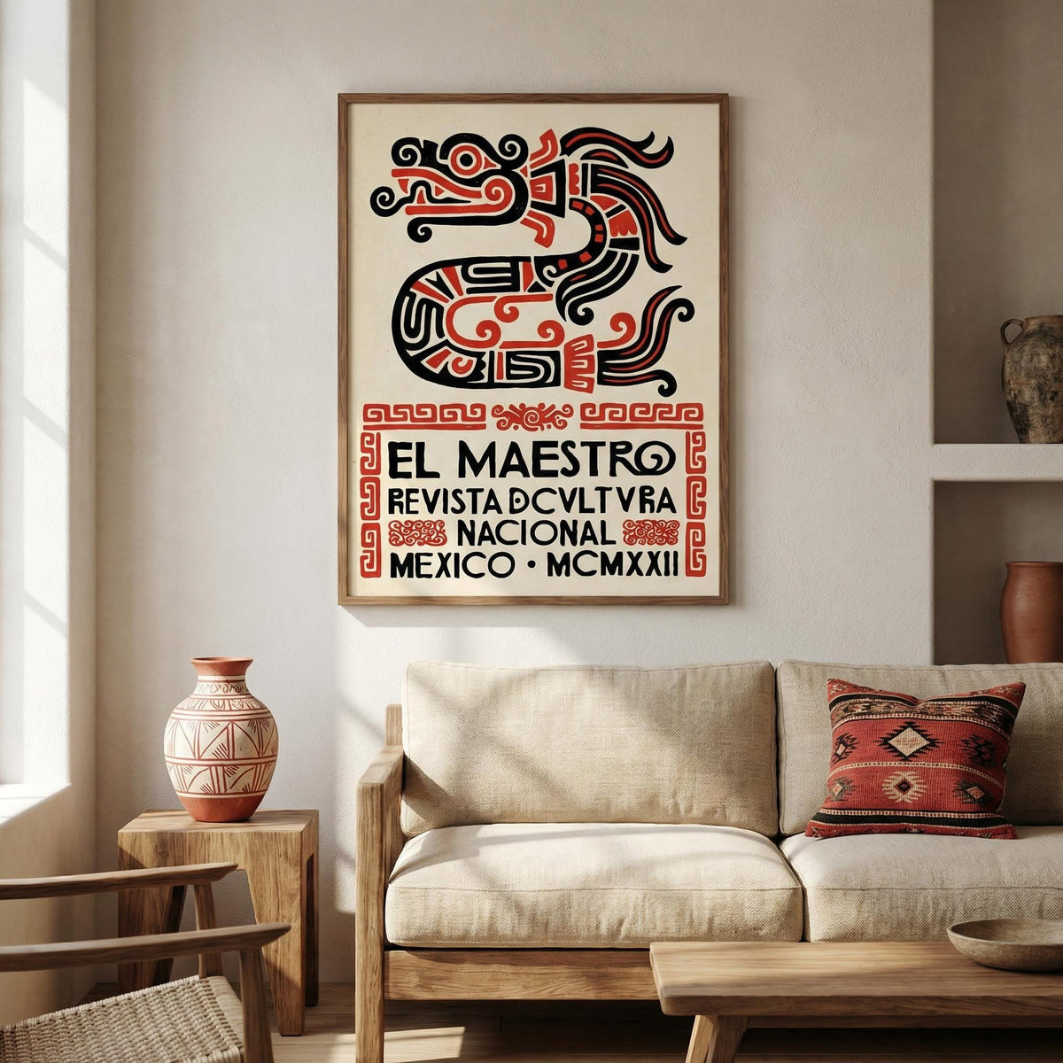 Mexican Cultural Art Print with a stylized serpent in black and red above a sofa with a patterned cushion