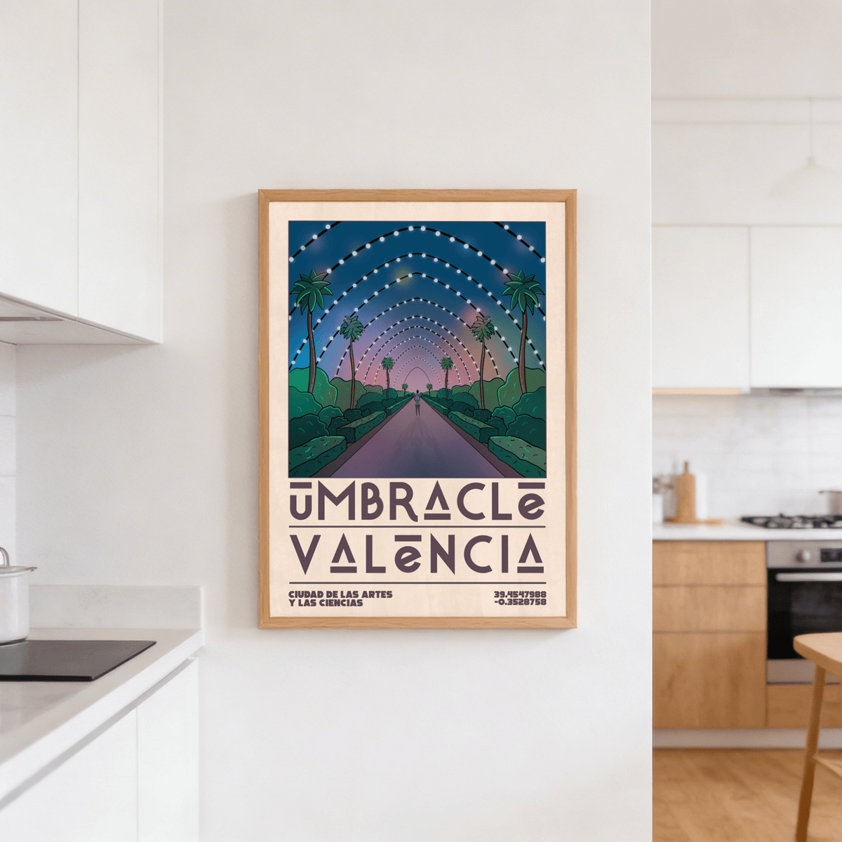 Poster Valencia wall art of a Spanish pathway with arches in green and purple hues hung on a kitchen wall