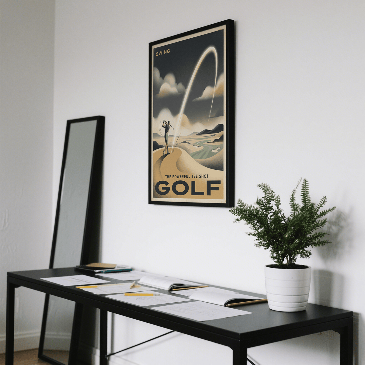 Golf Tee Shot Art Print on a wall above a black table with a white potted plant and a mirror