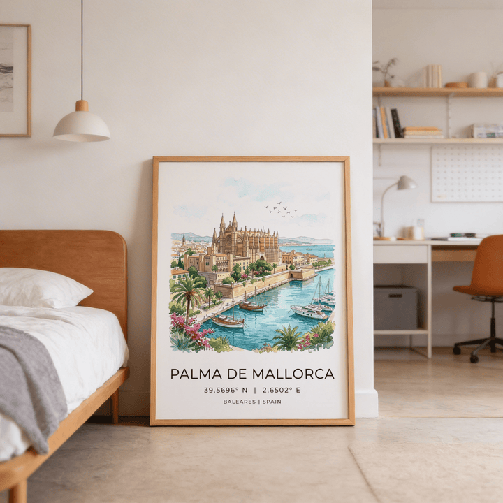 Print leaning on floor of Palma De Mallorca art print with illustration of cathedral and harbour in soft colours in a bedroom