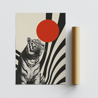 Modern Tiger Poster on flat surface with packaging tube beside it showing minimalist tiger illustration with red sun