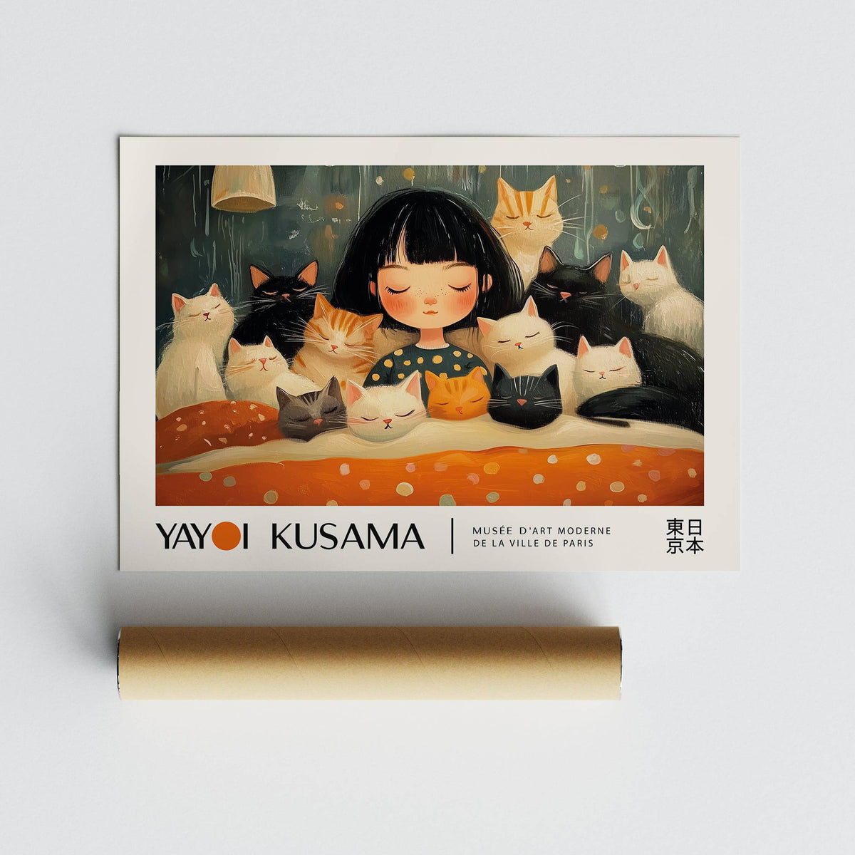 Cat Art Print leaning flat beside a brown packaging tube featuring a girl with sleeping cats in warm colours
