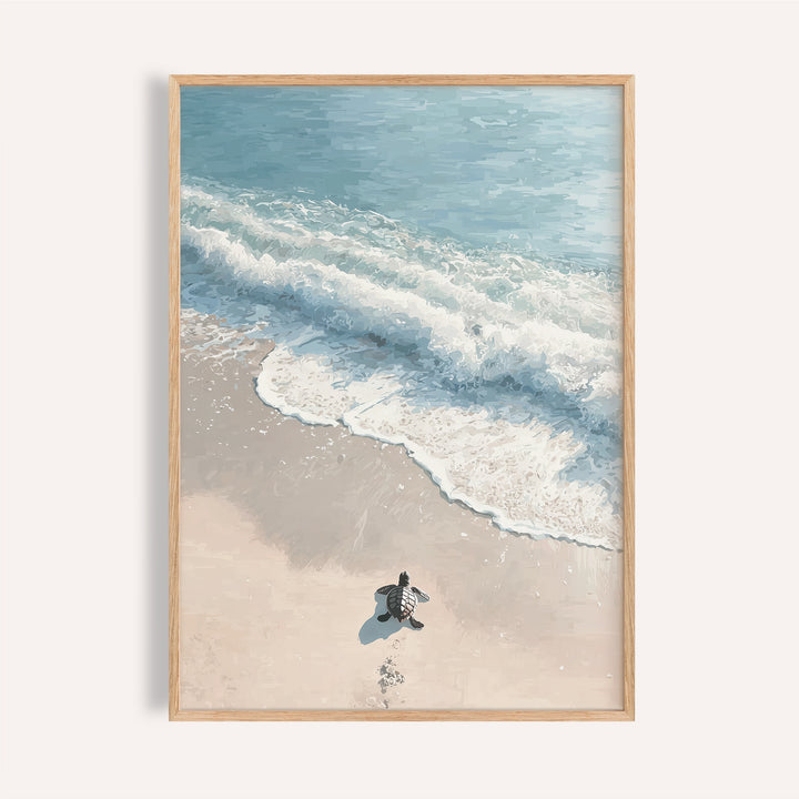 Framed Turtle Print of a baby sea turtle on sandy beach with blue waves