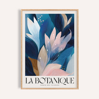 Framed Abstract Botanical Art Print with pink and blue abstract leaves against a cream background
