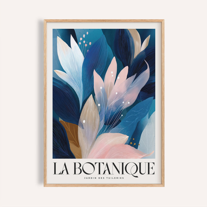 Framed Abstract Botanical Art Print with pink and blue abstract leaves against a cream background