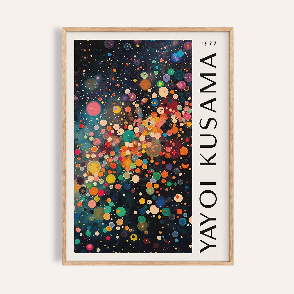 Framed Colorful Large Wall Art with multicoloured dots on a dark background and white border text