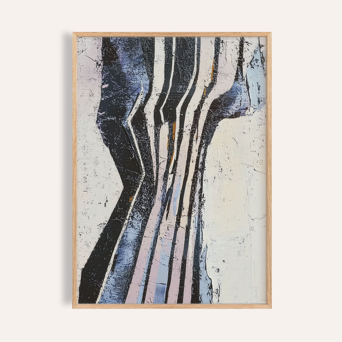 Framed print of Wabi Sabi Art abstract textured lines in black white blue and muted pink