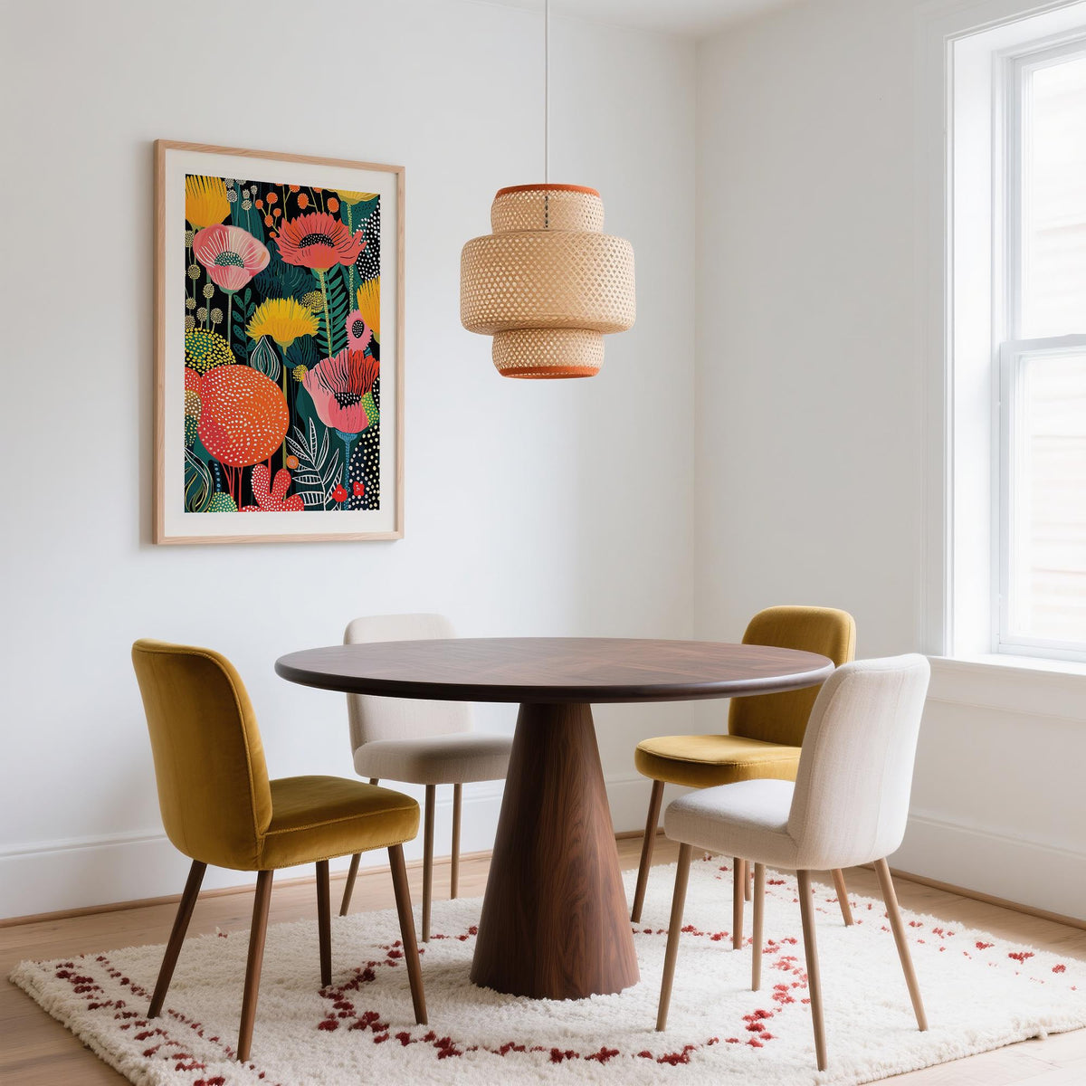 Wall Art Flower with colourful poppy flowers in an illustrated botanical style above a dining table