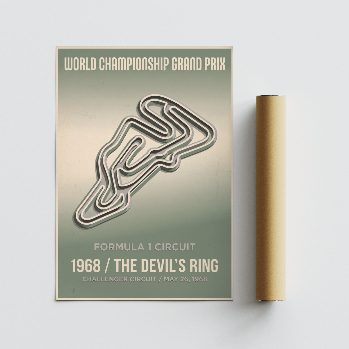 Framed circuit silhouette poster displayed on a wall with clear dated header and track outline