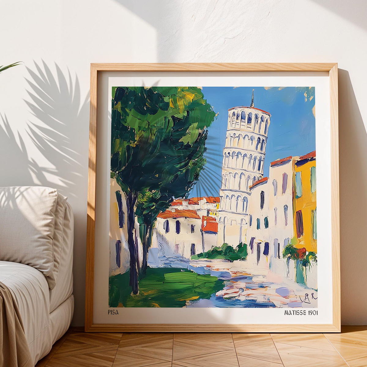 Leaning Tower of Pisa Pictures framed print close-up of the tower with colourful buildings and greenery