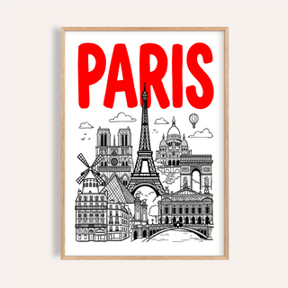 Framed Paris City Art Print with red text and black line-art of Paris landmarks on cream wall