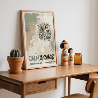 Print leaning on a shelf Urban Graffiti Art Print with beige green and black graffiti text next to a cactus