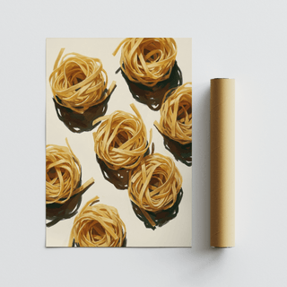 Rolled print next to a tube featuring nests of pasta in light yellow and beige tones