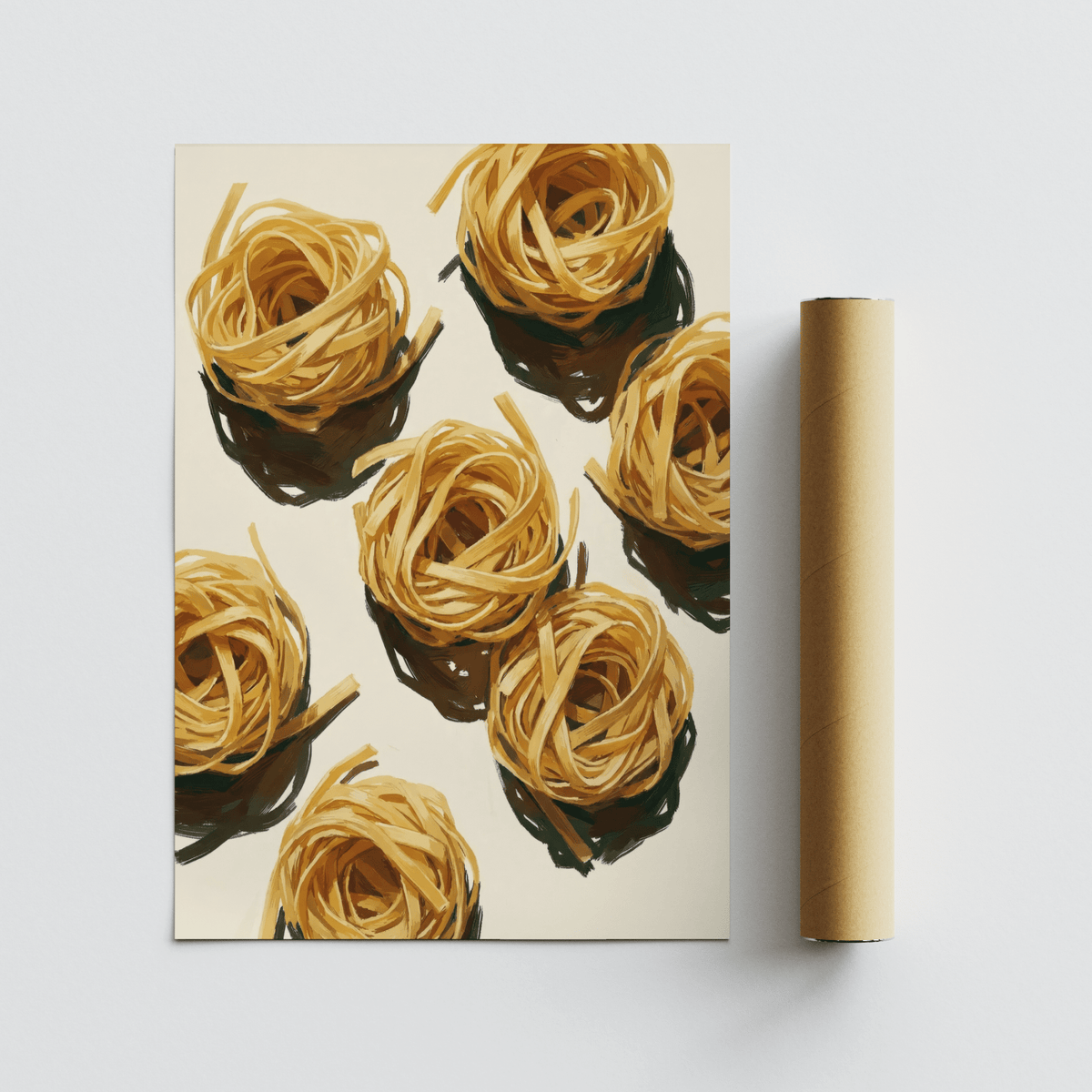 Rolled print next to a tube featuring nests of pasta in light yellow and beige tones