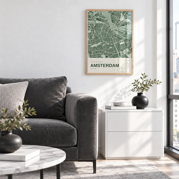 Amsterdam personalised City in Colour map print with Perspex - Natural wood frame - Living room