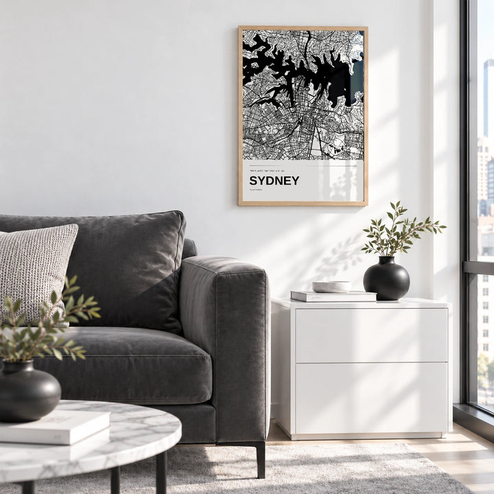 Sydney personalised black and white map print with Perspex � Natural wood frame � Living room