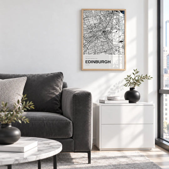 Lámina de mapa en blanco y negro de Edimburgo
