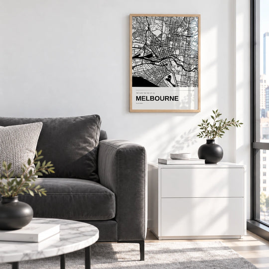 Lámina de mapa de Melbourne en blanco y negro