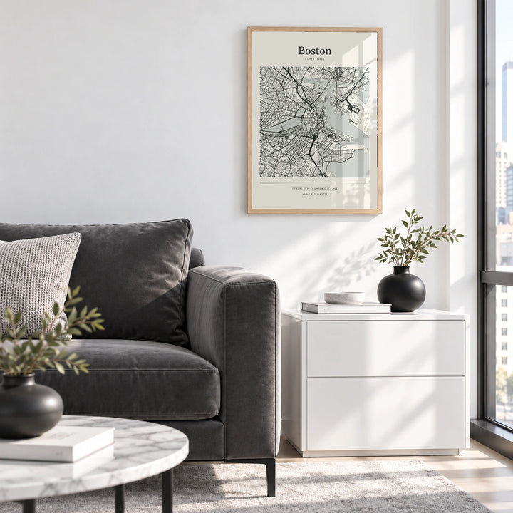Boston personalised City Atlas map print with Perspex - Natural wood frame - Living room