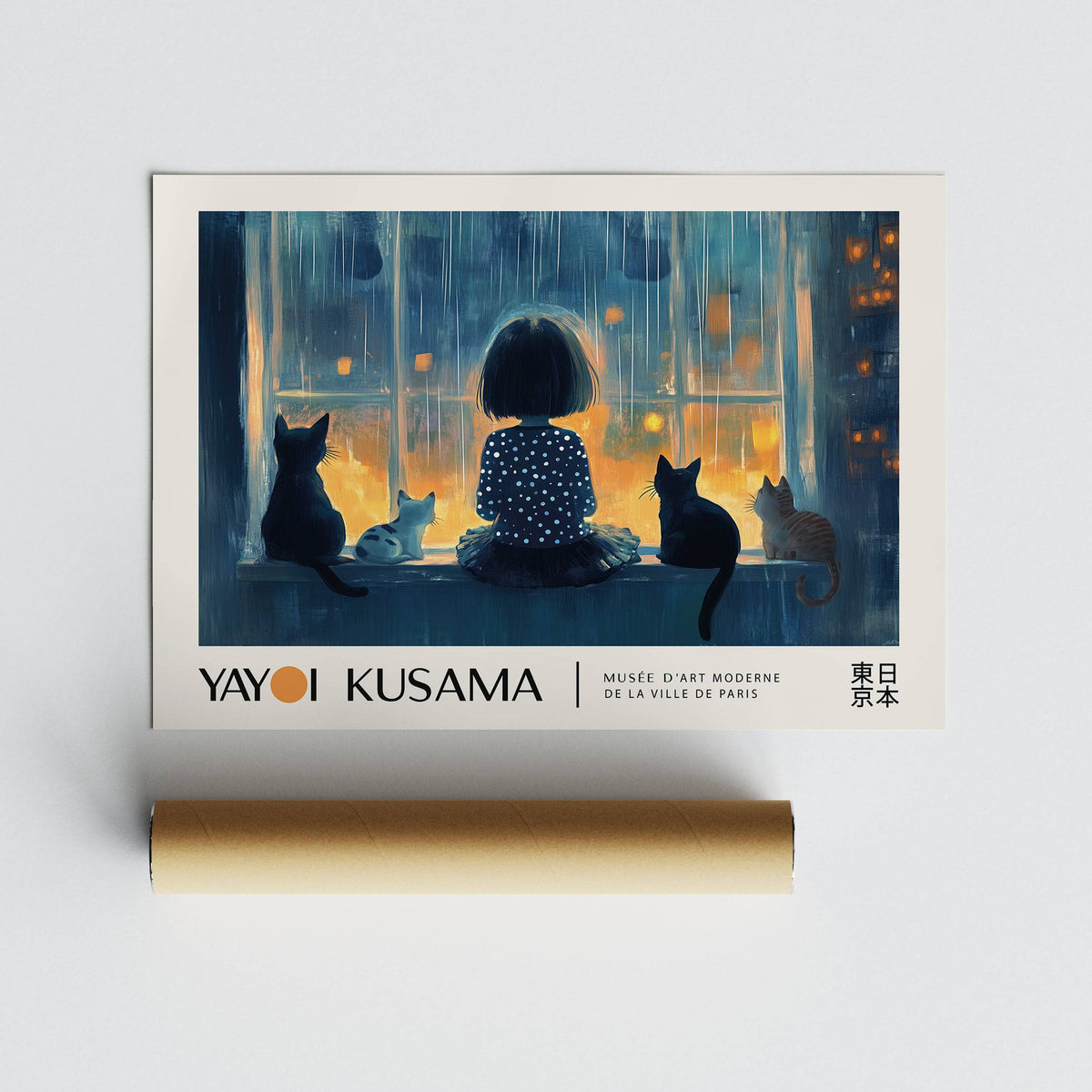 Cat wall decor showing girl with cats by a glowing window with blue and orange tones with packaging tube