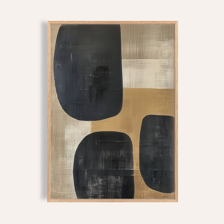 Earthy wall art with organic abstract shapes in black beige and cream in a light wooden frame