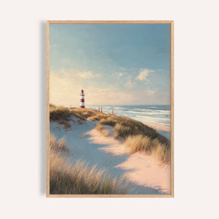 Framed close-up of lighthouse wall art with a red and white striped lighthouse by the sea