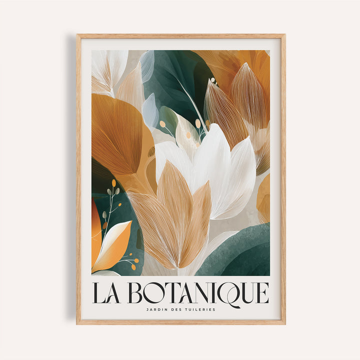 Framed Wall Art with Leaves featuring abstract botanical foliage in white, green and ochre tones