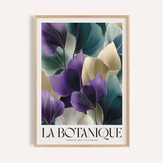 Framed leaf art print with abstract botanical leaves in purple and green tones no visible room