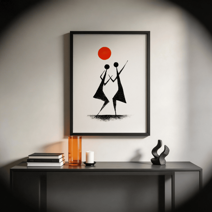 Framed Warli Folk Art print of tribal dancers in black and red above a console table with a small sculpture
