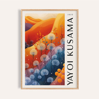 Framed Blue Orange wall decor with abstract white and blue flowers on an orange background
